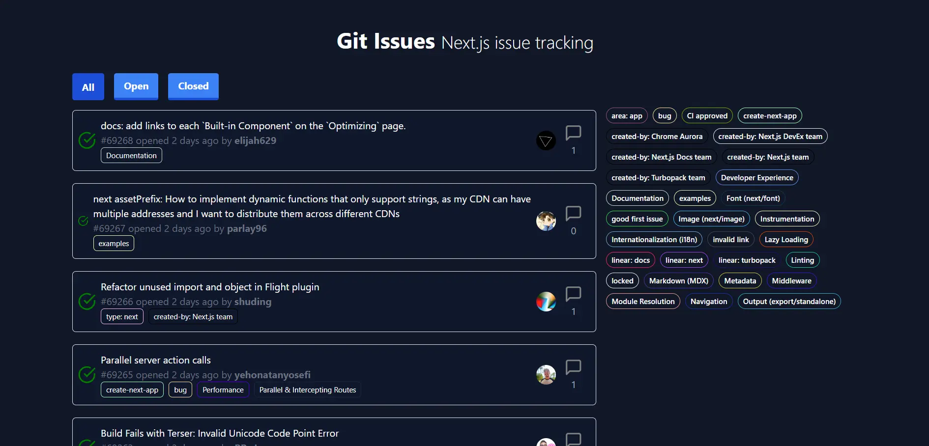 Next.js issue tracking screenshot